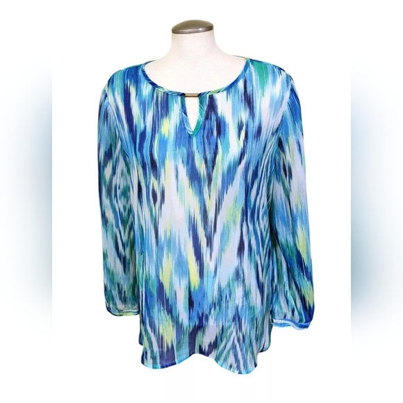 Chicos Womens 3 US XL Sheer Blouse Tunic Blue Tie Dye Stripe Keyhole Long Sleeve - Picture 1 of 7